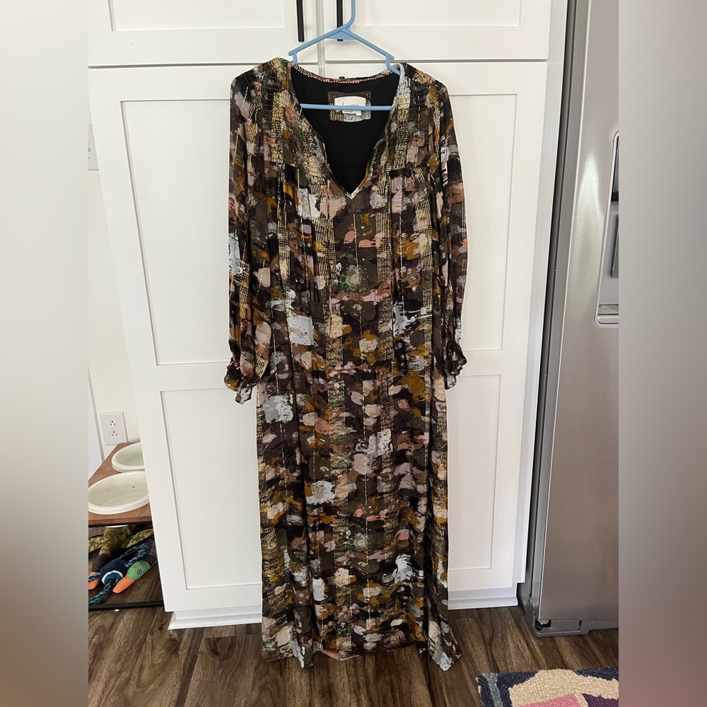 Long sleeve maxi dress by Anthropologie. Black w/ multi colors and gold accents.
